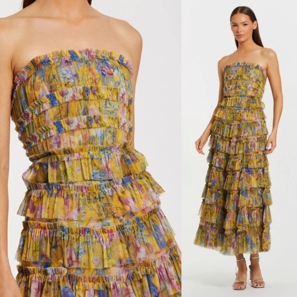 Mac Duggal  Yellow Floral Strapless Ruffle Maxi Dress - Picture 1 of 15